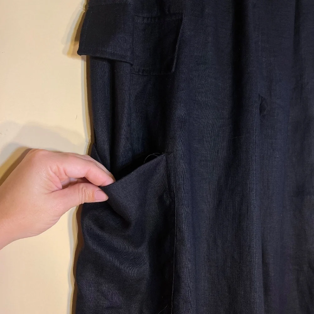 Black Linen Wide-Leg Cargo Pants